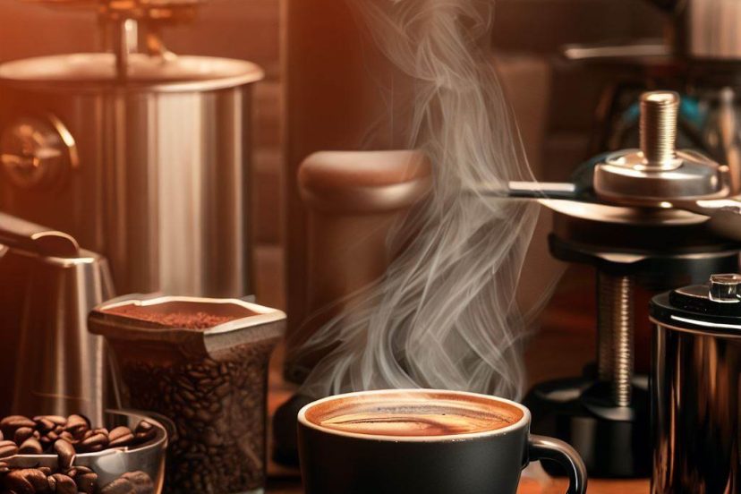An image of a well-organized countertop featuring different types of coffee grinders with various coffee beans scattered around, and a coffee cup with steam rising showing elements of coffee grinding basics.