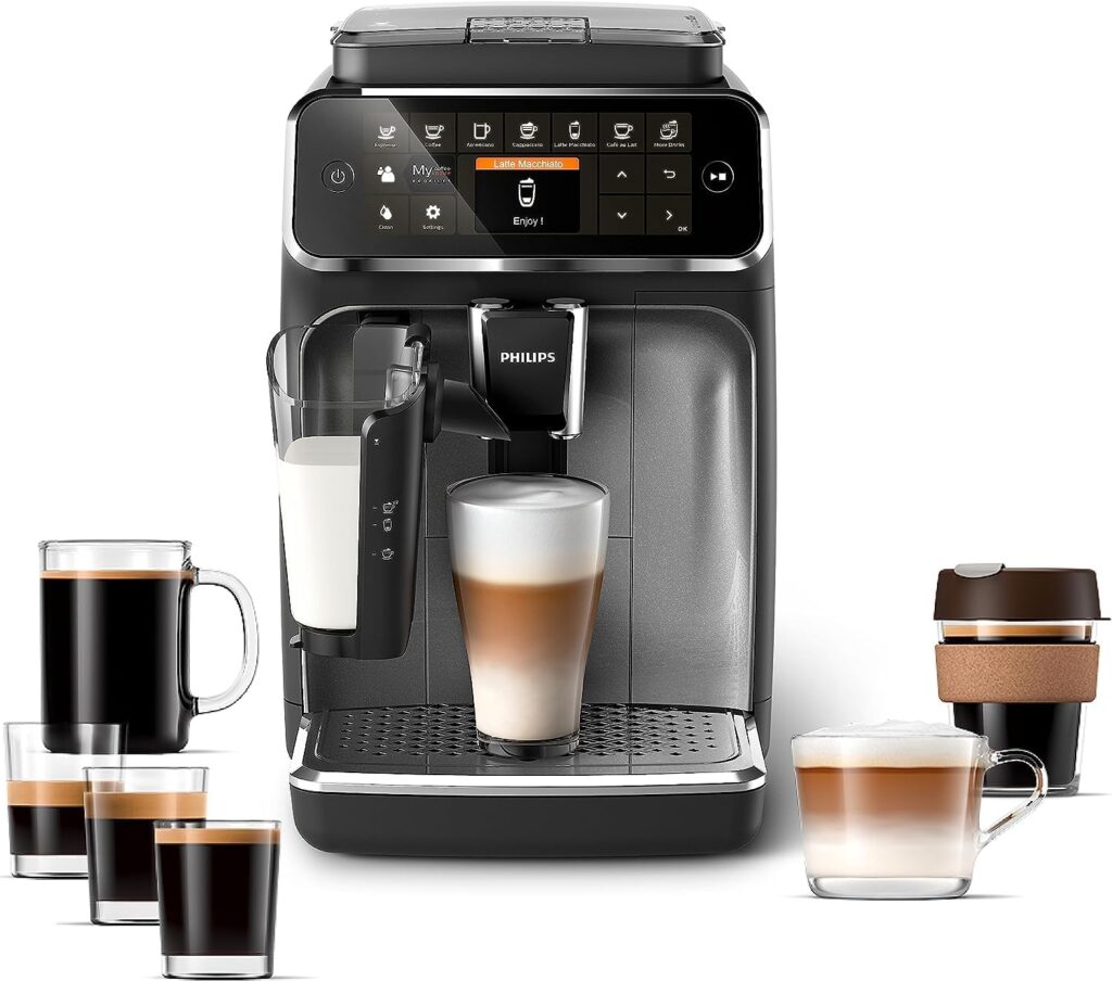 PHILIPS 4300 Series Fully Automatic Espresso Machine - LatteGo Milk Frother, 8 Coffee Varieties, Intuitive Touch Display, Black, (EP4347/94) PHILIPS 4300 Series Fully Automatic Espresso Machine - LatteGo Milk Frother, 8 Coffee Varieties, Intuitive Touch Display, Black, (EP4347/94)