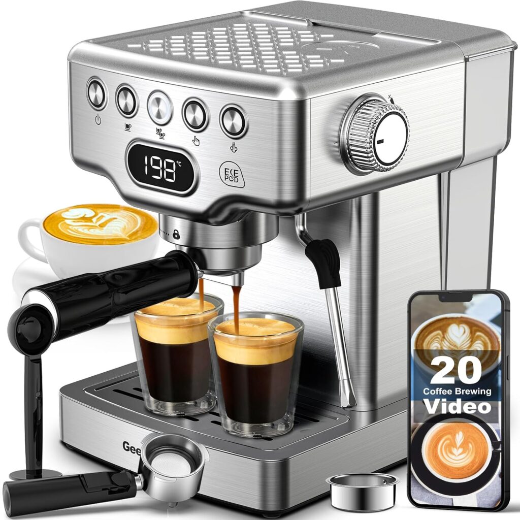 Geek Chef Espresso Machine, 20 Bar Espresso Maker with Milk Frother Steam Wand, Compact Coffee Machine with for Cappuccino,Latte, ESE PODS Filters, Fast Heating, Stainless Steel Geek Chef Espresso Machine, 20 Bar Espresso Maker with Milk Frother Steam Wand, Compact Coffee Machine with for Cappuccino,Latte, ESE PODS Filters, Fast Heating, Stainless Steel