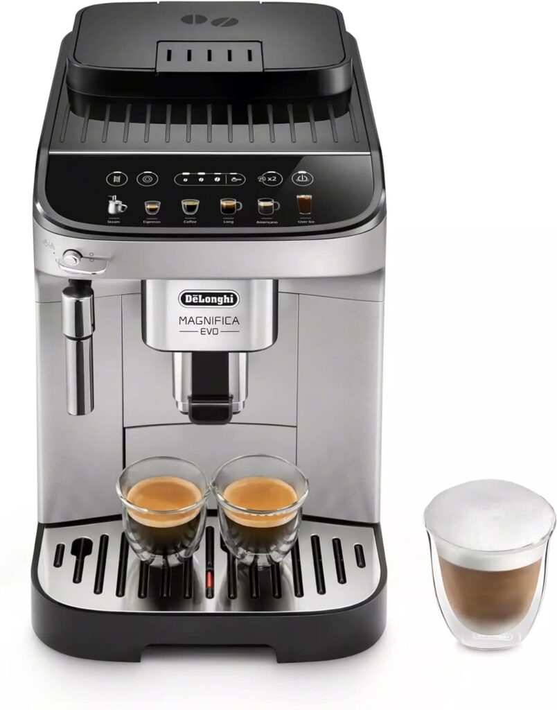 DeLonghi Magnifica Evo, Fully Automatic Machine Bean to Cup Espresso Cappuccino and Iced Coffee Maker, Colored Touch Display, Black, Silver DeLonghi Magnifica Evo, Fully Automatic Machine Bean to Cup Espresso Cappuccino and Iced Coffee Maker, Colored Touch Display, Black, Silver