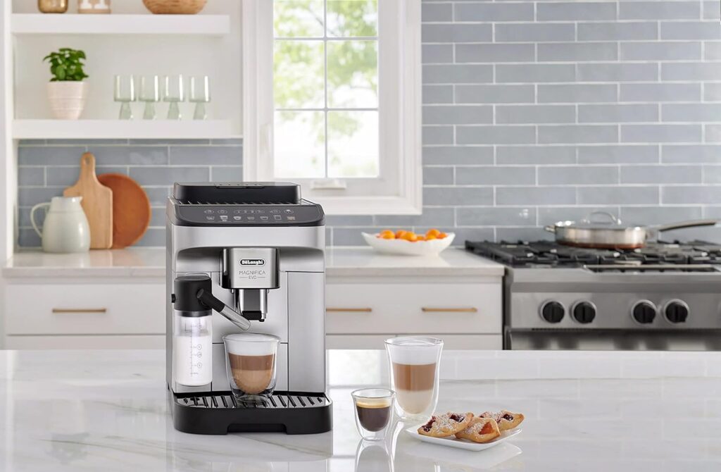 DeLonghi Magnifica Evo, Fully Automatic Machine Bean to Cup Espresso Cappuccino and Iced Coffee Maker, Colored Touch Display, Black, Silver DeLonghi Magnifica Evo, Fully Automatic Machine Bean to Cup Espresso Cappuccino and Iced Coffee Maker, Colored Touch Display, Black, Silver