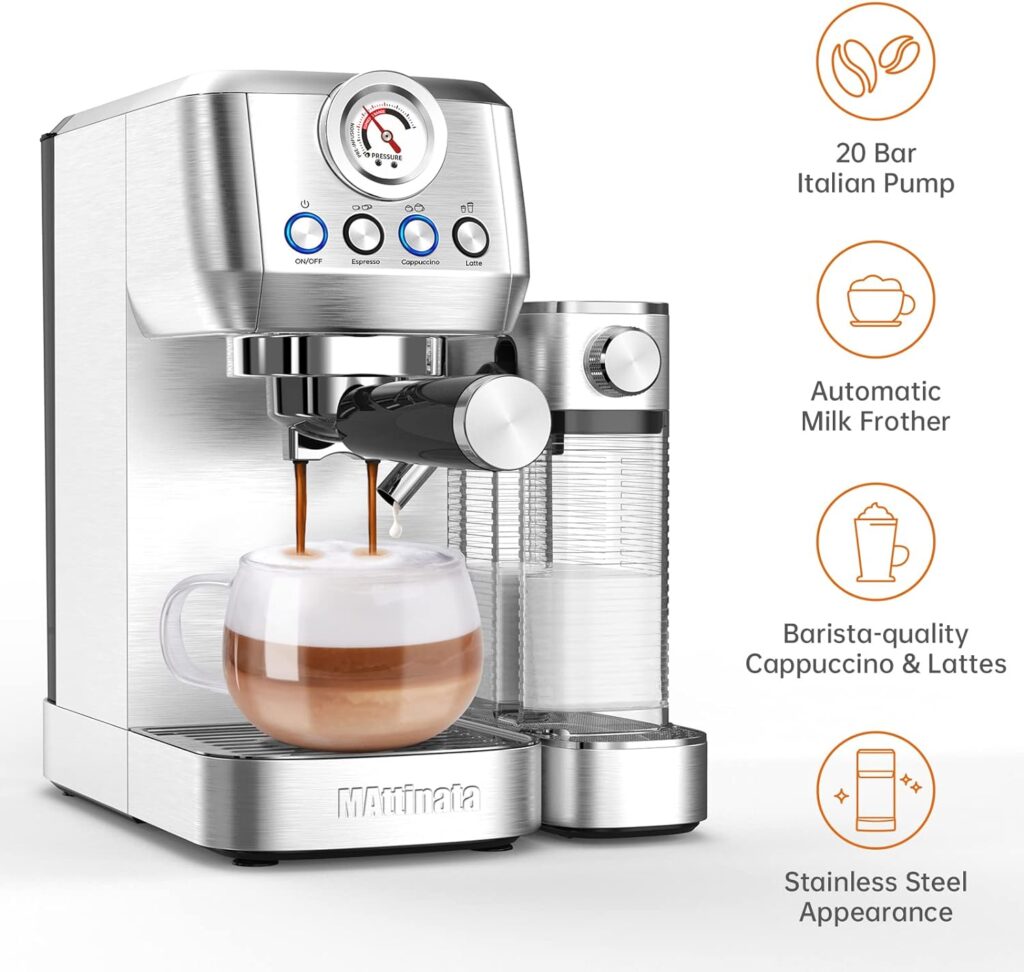 MAttinata Cappuccino Machine and Espresso Machine, 20 Bar Stainless Steel Latte Maker and Espresso Machine for Home with Automatic Milk Frothing System MAttinata Cappuccino Machine and Espresso Machine, 20 Bar Stainless Steel Latte Maker and Espresso Machine for Home with Automatic Milk Frothing System
