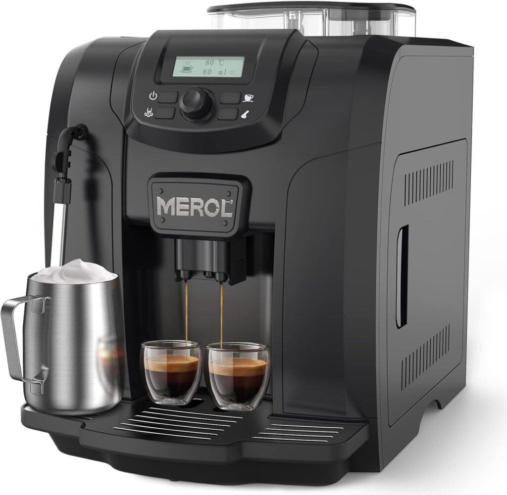 MEROL Automatic Espresso Coffee Machine, 19 Bar Barista Pump Coffee Maker with Grinder and Manual Milk Frother Steam Wand for Cappuccino Latte Macchiato, Black, Christmas Gift