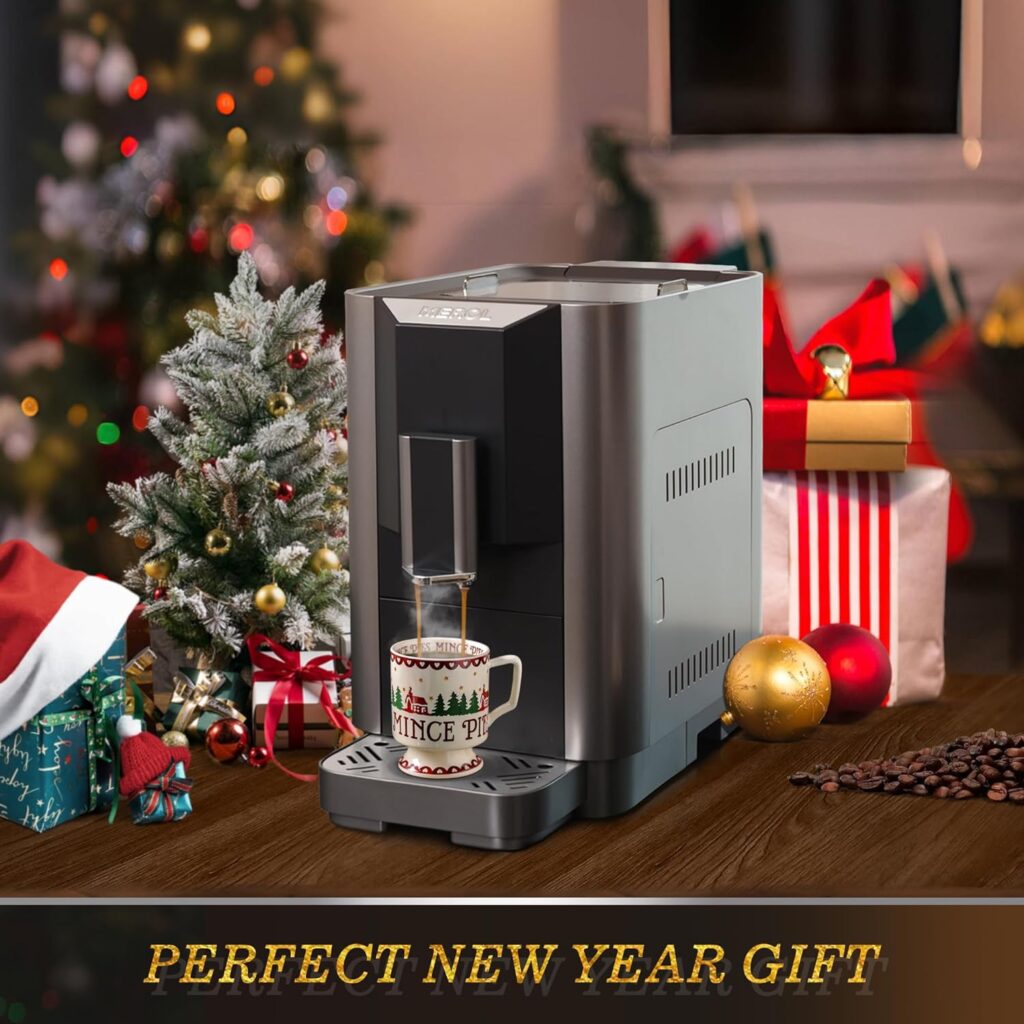 MEROL Automatic Espresso Coffee Machine, 19 Bar Barista Pump Coffee Maker with Grinder and Manual Milk Frother Steam Wand for Cappuccino Latte Macchiato, Black, Christmas Gift