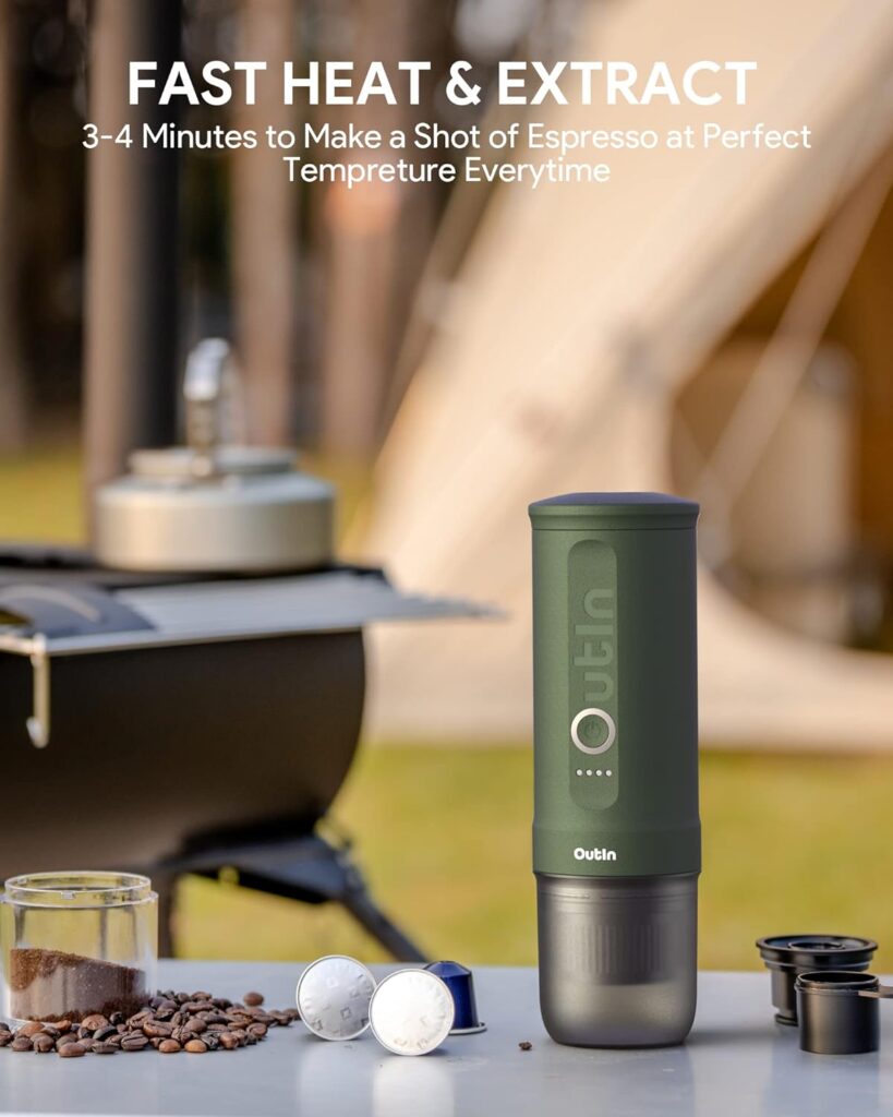 Outin Nano Portable Electric Espresso Machine with 3-4 Min Self-Heating, 20 Bar Mini Small 12V 24V Car Coffee Maker, Compatible with NS Capsule  Ground Coffee for Camping, Travel, RV, Hiking, Office