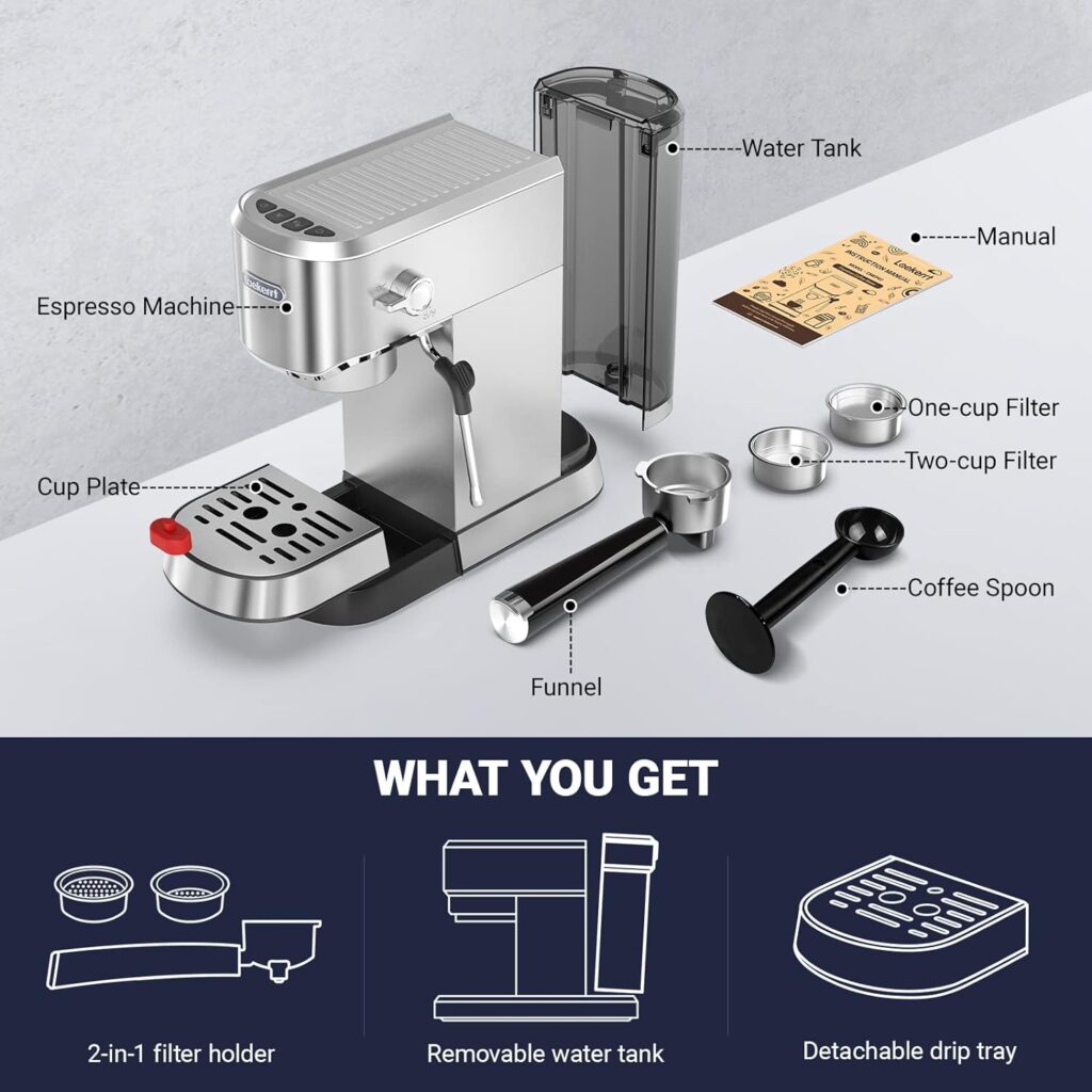 Laekerrt Espresso Machine 20 Bar Espresso Maker CMEP02 with Milk Frother Steamer, Home Expresso Coffee Machine for Cappuccino and Latte (Silver, Stainless Steel) Gift for Men, Coffee Lovers, 1350W Laekerrt Espresso Machine 20 Bar Espresso Maker CMEP02 with Milk Frother Steamer, Home Expresso Coffee Machine for Cappuccino and Latte (Silver, Stainless Steel) Gift for Men, Coffee Lovers, 1350W