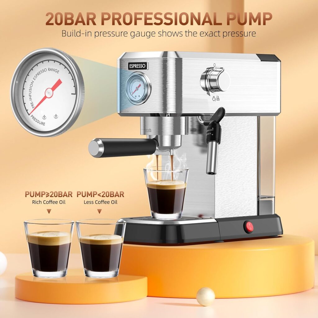 Espresso Machine 20 Bar, Professional Espresso Maker with Milk Frother Steam Wand for Latte and Cappuccino, Compact Stainless Steel Espresso Coffee Machine with 40oz Removable Water Tank for Home Espresso Machine 20 Bar, Professional Espresso Maker with Milk Frother Steam Wand for Latte and Cappuccino, Compact Stainless Steel Espresso Coffee Machine with 40oz Removable Water Tank for Home
