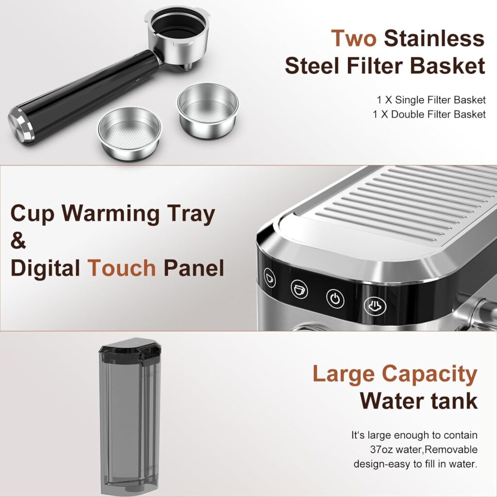 ICUIRE Espresso Machine, 20 Bar Compact Steam Espresso Coffee Machine with Milk Frother, Digital Touch Panel, 37 Oz Removable Water Tank for Espresso Make ICUIRE Espresso Machine, 20 Bar Compact Steam Espresso Coffee Machine with Milk Frother, Digital Touch Panel, 37 Oz Removable Water Tank for Espresso Make