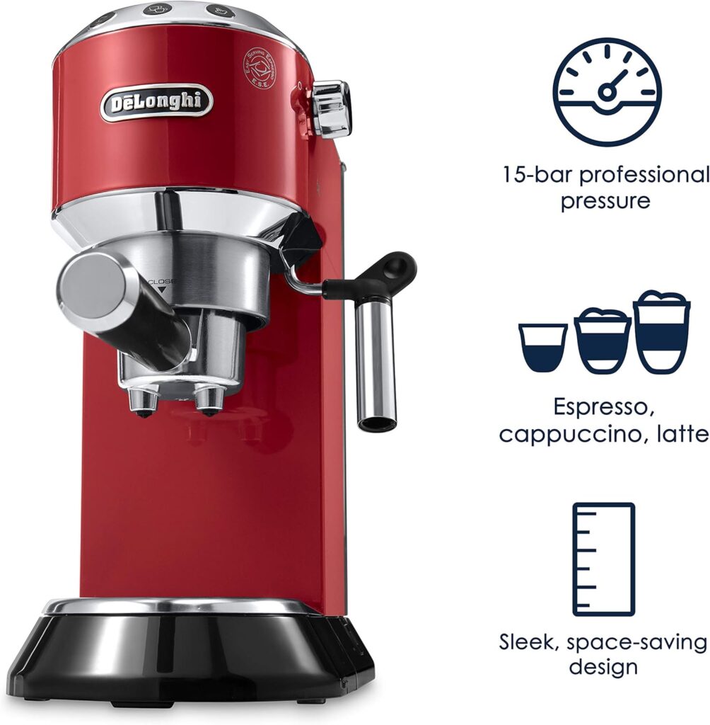DeLonghi Dedica EC680M, Espresso Machine, Coffee and Cappucino Maker with Milk Frother, Metal / Stainless, Compact Design 6 in Wide, Fit Mug Up to 5 in DeLonghi Dedica EC680M, Espresso Machine, Coffee and Cappucino Maker with Milk Frother, Metal / Stainless, Compact Design 6 in Wide, Fit Mug Up to 5 in