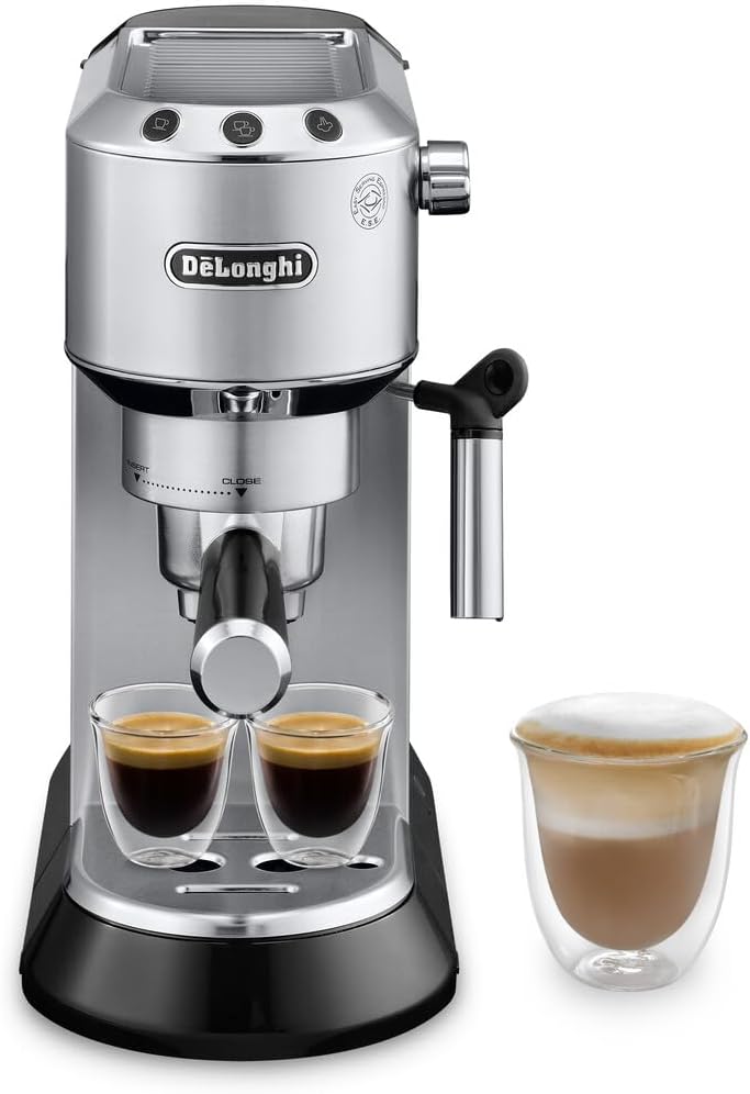 DeLonghi Dedica EC680M, Espresso Machine, Coffee and Cappucino Maker with Milk Frother, Metal / Stainless, Compact Design 6 in Wide, Fit Mug Up to 5 in DeLonghi Dedica EC680M, Espresso Machine, Coffee and Cappucino Maker with Milk Frother, Metal / Stainless, Compact Design 6 in Wide, Fit Mug Up to 5 in