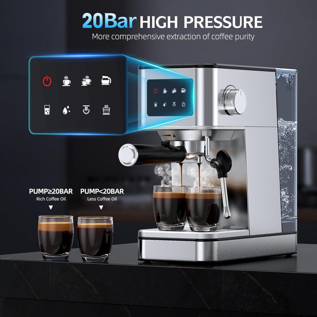 Espresso Machine, 20 Bar Professional Espresso Maker, Milk Frother Steam Wand for Latte, Compact Stainless Steel Machine with 57.5oz Removable Water Tank and LED Touchscreen Monitors Espresso Machine, 20 Bar Professional Espresso Maker, Milk Frother Steam Wand for Latte, Compact Stainless Steel Machine with 57.5oz Removable Water Tank and LED Touchscreen Monitors